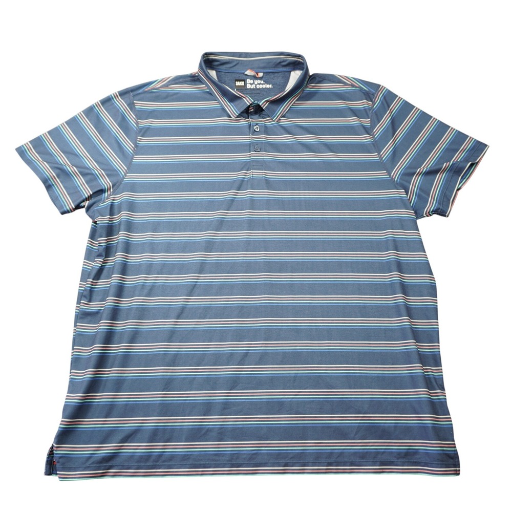 SAXX Mens XXL Polo Shirt UPF DropTemp Cooling Blue Striped Short Sleeve Golf Top